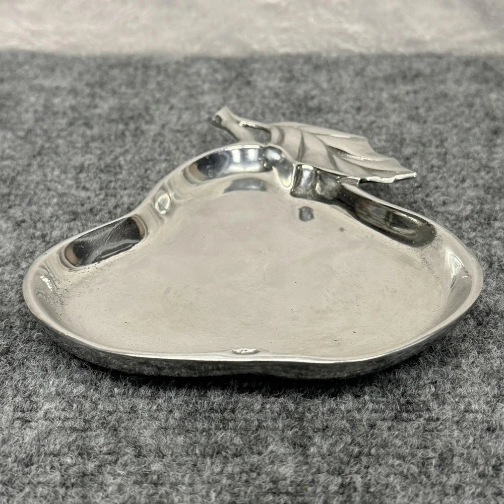 Fitz & Floyd Silver Metal Pear Shaped Serving Tray Small Leaf Handle Decor